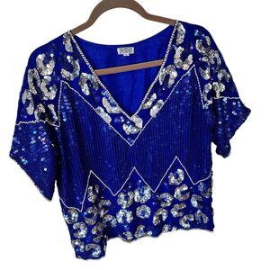 Vtg Sequin & Silk Womens Top Royal Blue White Hollywood V Neck Evening Large